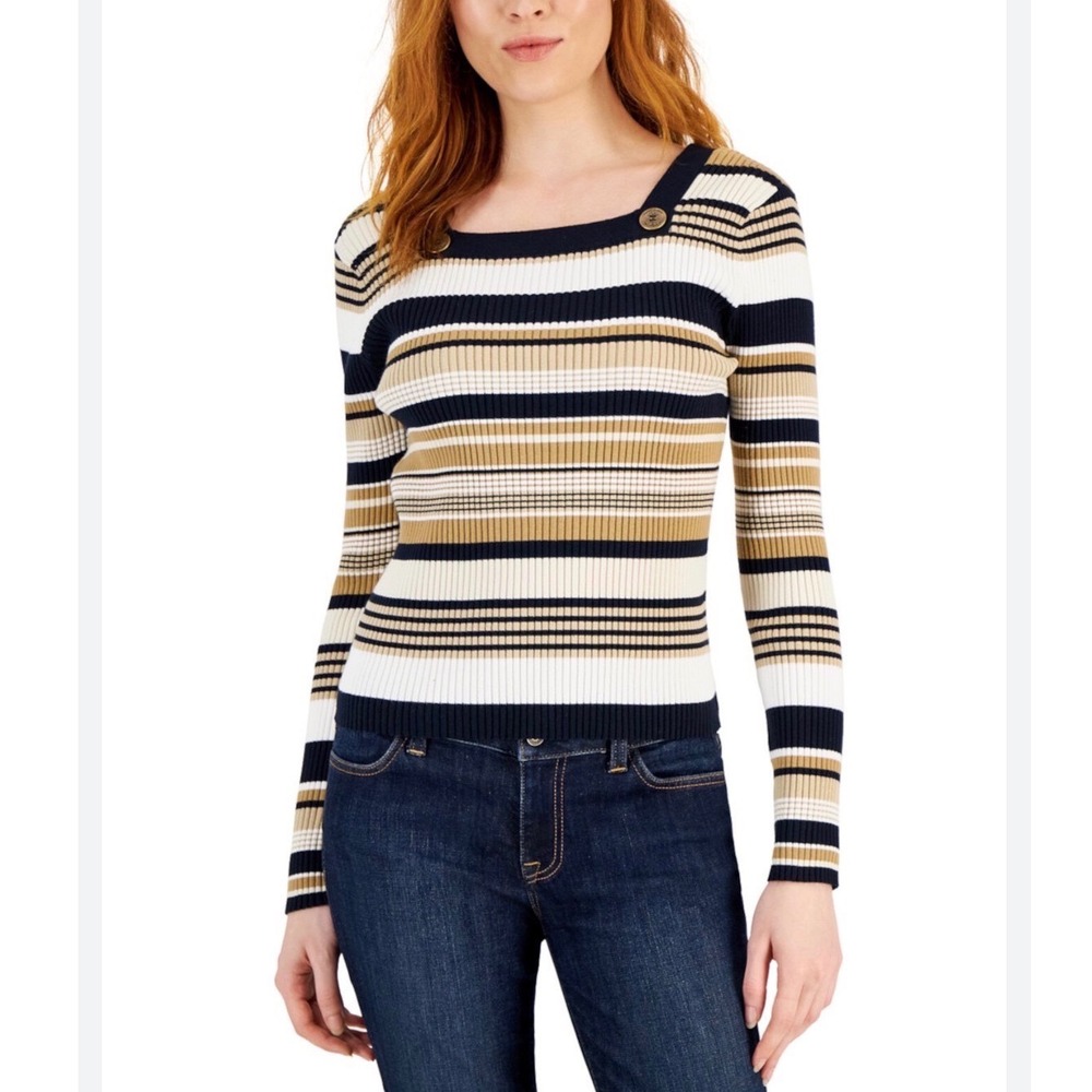 Tommy Hilfiger Sailor Sweater, Striped Square Neck Ribbed Knit, Women's Medium - Picture 11 of 13